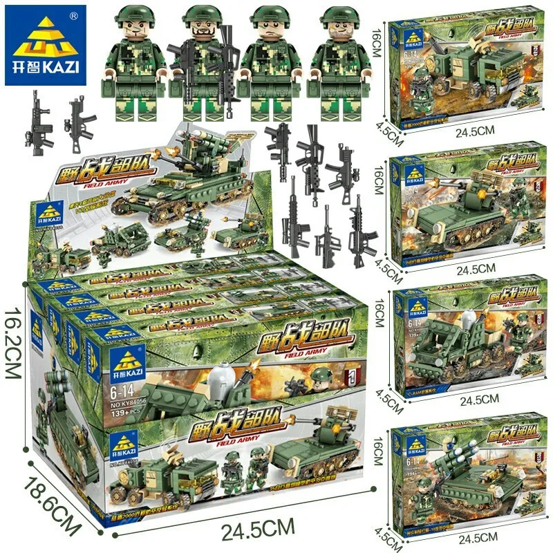 

649PCS KAZI 84056 4 In 1 Military Field Army Armored car Tank Heads Playmobil Compatible Legoness Building Blocks Toys for Kids