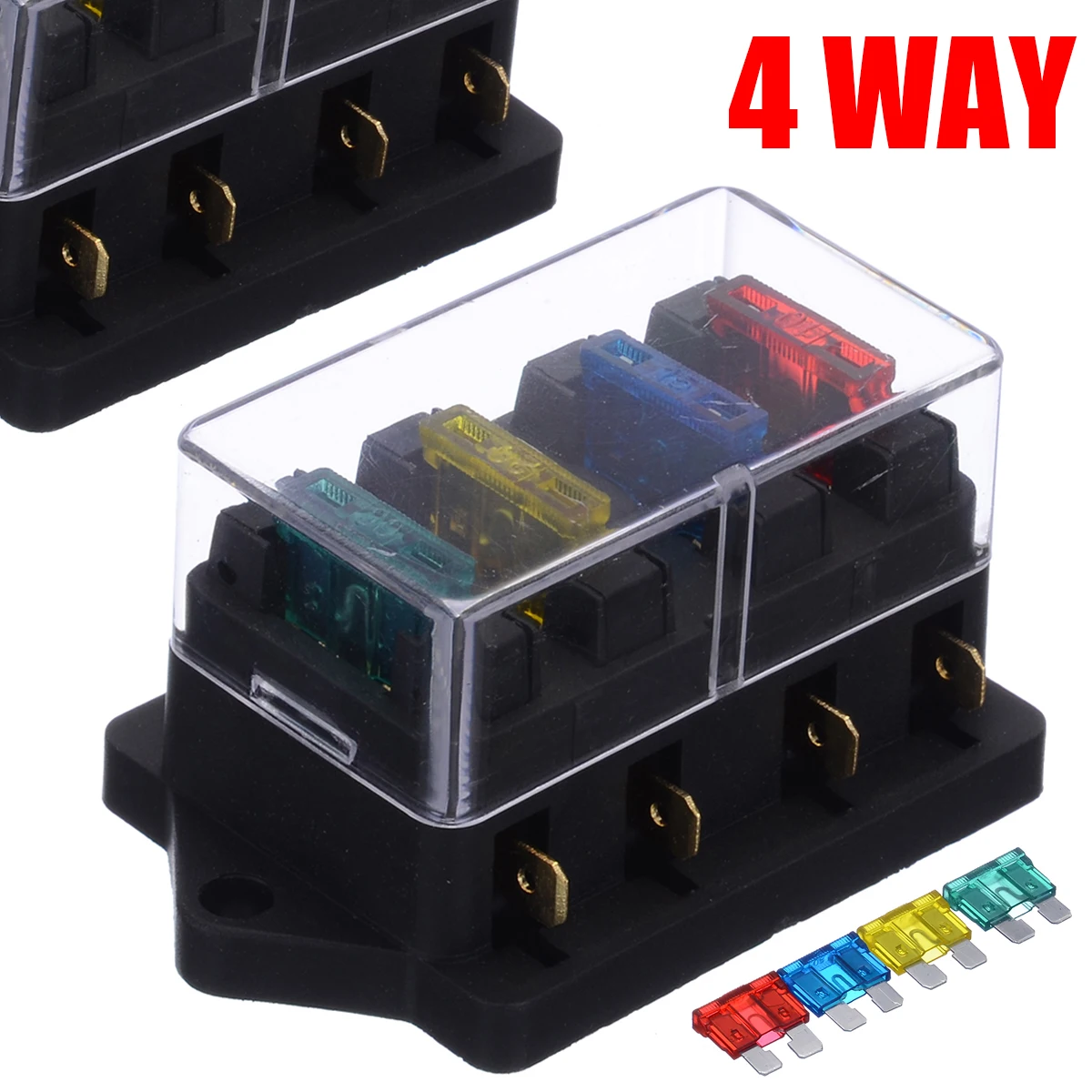 40A 12V 24V Auto Car Truck 4 Way Blade Fuse Block Fuse Box Unit Holder Fusebox Catch-holder + 4Pcs Fuses Circuit Standard ATO