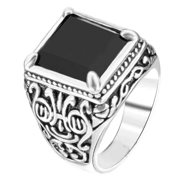 Classic Retro Rings for Men Black/Red Square Stone Anchor Signet Ring Crowm Woman Band Antique Crystal Turkish Jewelry Zircon - Цвет основного камня: Black Silver