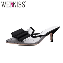 WETKISS Hecho A Mano Nudo de La Mariposa Zapatillas Mujer Zapatos de Verano de Malla Sexy Delgada Tacones Altos punta estrecha Mules Zapatos Mujer Diapositivas