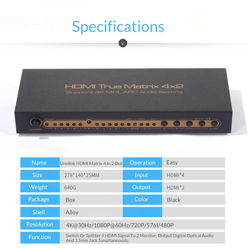 Unnlink HDMI Matrix 4X2 UHD 4K @ 30Hz сплиттер переключатель аудио экстрактор HIFI 5 1 Toslink + 3 Jack ARC