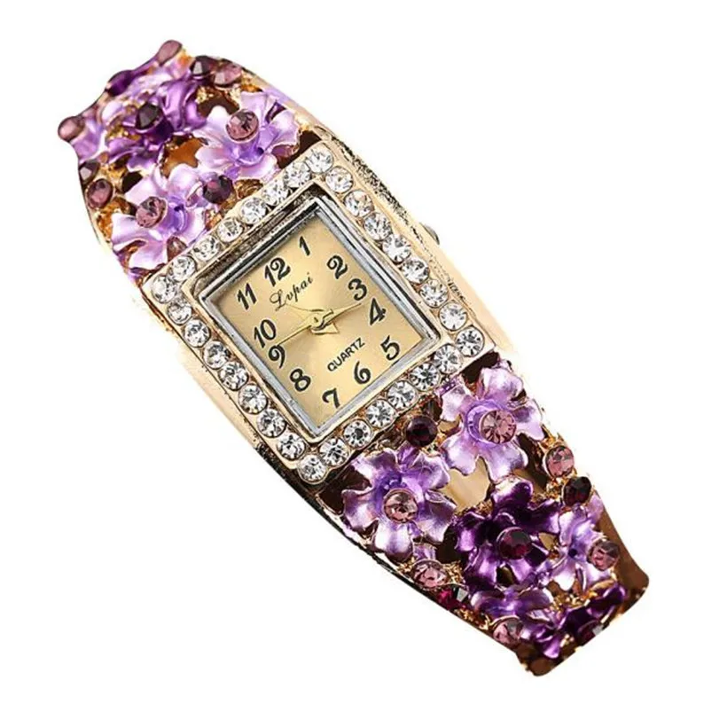 

LVPAI Women watches Fashion Woman Stainless Steel Crystal Dial Quartz Crystal stone flower Bracelet Wrist Watch lady dress G20