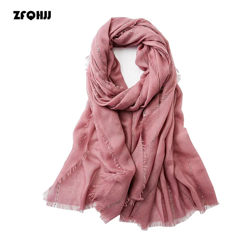 

ZFQHJJ Women Sequins Cotton Linen Solid Color Scarf Wraps 2018 Spring Autumn Echarpe Hijab Scarves Oversized Women Shawls Wraps
