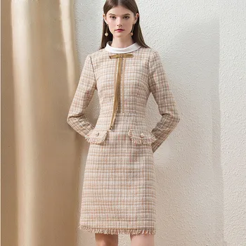 

HELIAR Tweed Dress Winter Plaid Khaki Dress With Drawstring Women Midi Office Lady Dress Thick Tassel Elegant Dress For Women