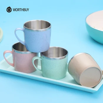 

WORTHBUY Kids Water Cup 304 Stainless Steel Coffee Mug Tea Cup For Children Kitchen Drinkware Wheat Straw Tea Mug With Handle