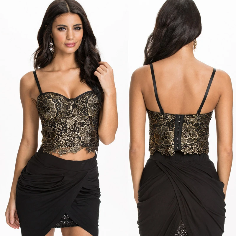 P265 New Gold Bronzing Embroidery Lace Push Up Women's Bustier Bralette Bra Cropped Tube Top