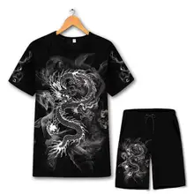 Китайский стиль, креативная Футболка с принтом дракона и шорты, костюм Лето, новые качественные мягкие удобные мужские короткие комплекты