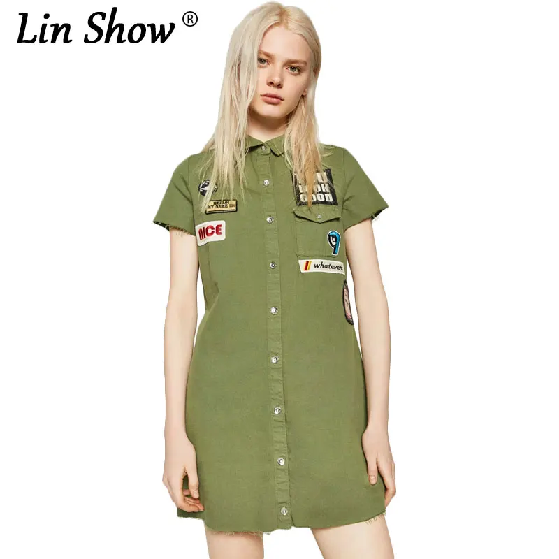 LINSHOW Letter Embroidery Army Green Womens Dresses School Style Mini