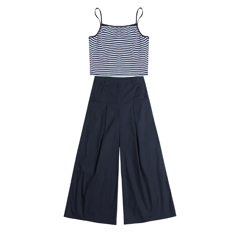 2017 Verão Nova Moda das Mulheres Sem Mangas Set Listrado Sling Camiseta Larga Calças Perna Tornozelo comprimento das Calças de Algodão para Conjuntos de mulheres