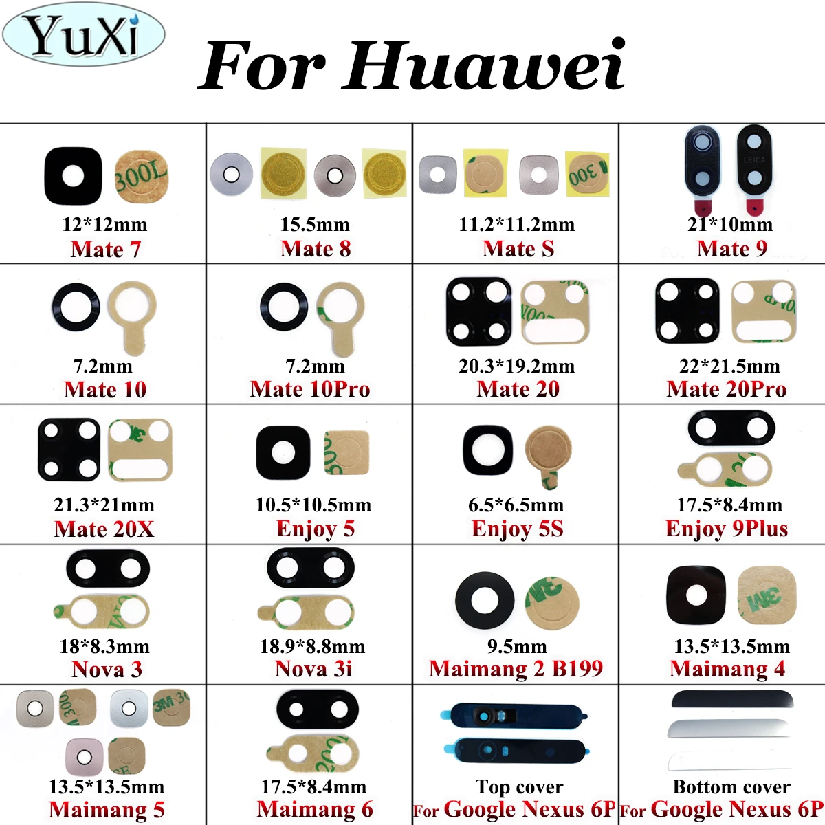 YuXi объектив задней камеры для Huawei Mate 10 20 Pro 7 8 S 20X Enjoy 5 5S 9 plus Nova 3 3i стеклянный объектив камеры с пластыревый заменитель