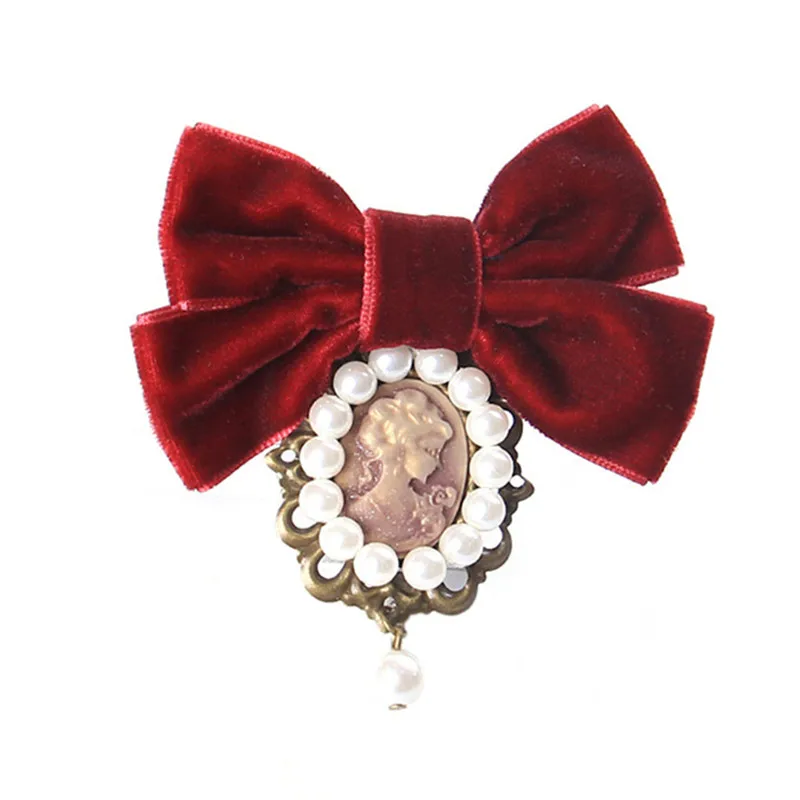 

Cute Women Vintage Cameo Velvet Bow Brooch Girls Dress Pearl Bowknot Pin Clothes Bow Tie Beauty Lady Head Brooch Pin Jewelry