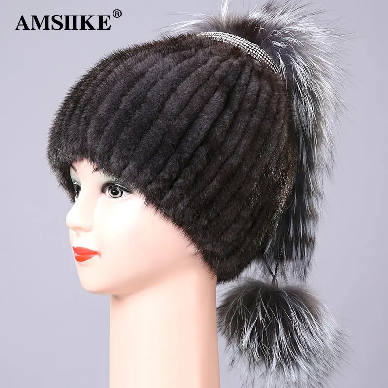 AMSIIKE Норковая шапка с оригинальным понпоном из чернобурки DM2041