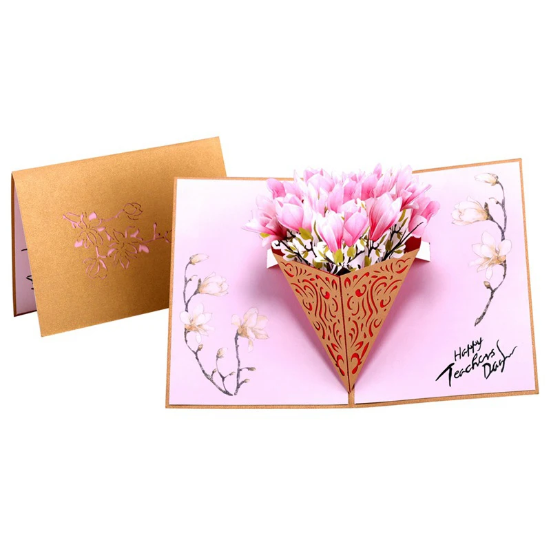  3D Laser Cut Handmade Hollowed Carving Happy Teachers' Day Pink Magnolia Paper Invitation Greeting  - 32908241804