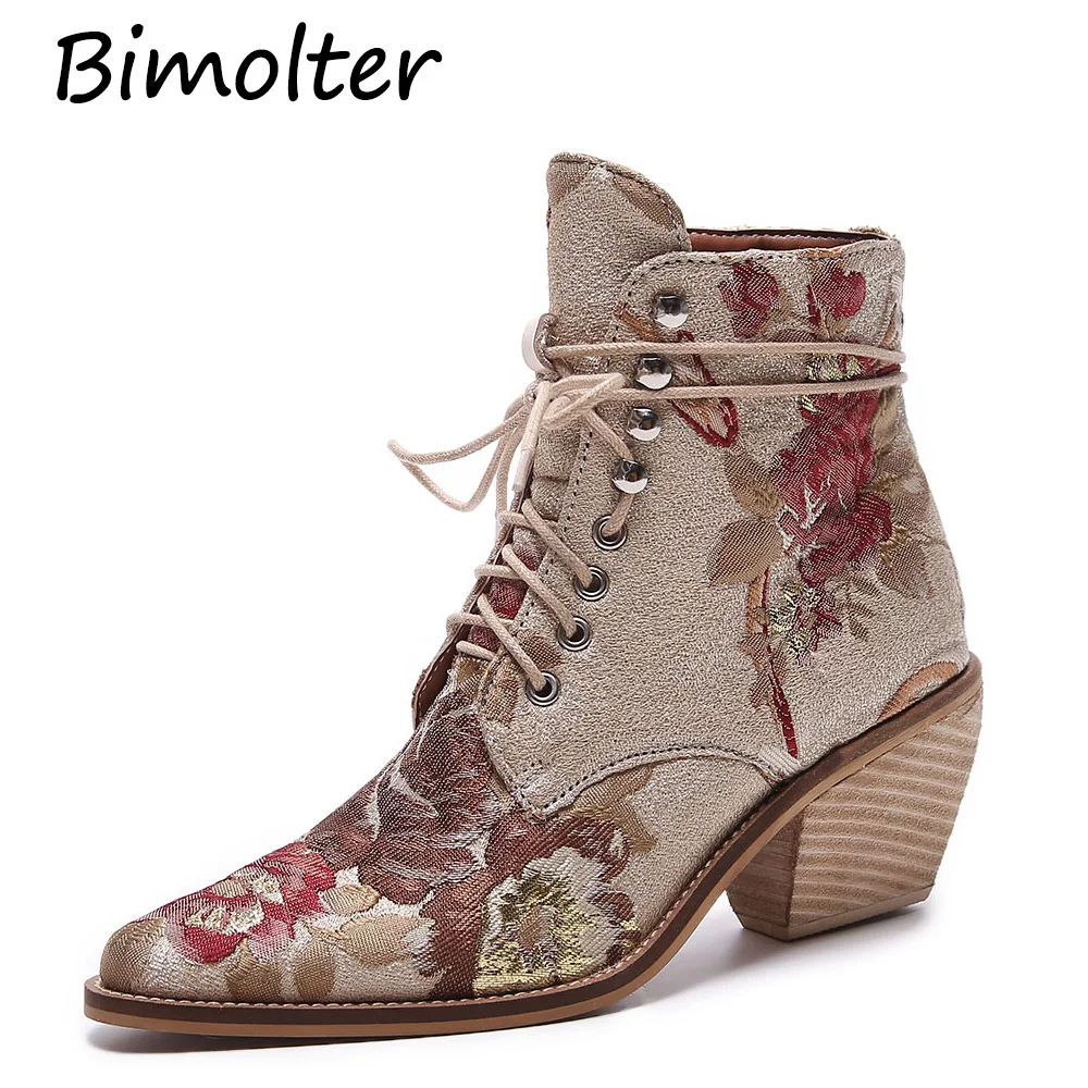 

Bimolter Women Casual Stacked High Heels Embroidery Flower Lace Up Ankle Boots Shoes Female Ladies Ankle Booties Silk Satin C062