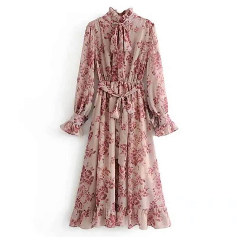 

2019 Pink Flower print Long Sleeve Dress With Sashes Women Vintage Tide Bow Collar Ruffles Hem Dresses