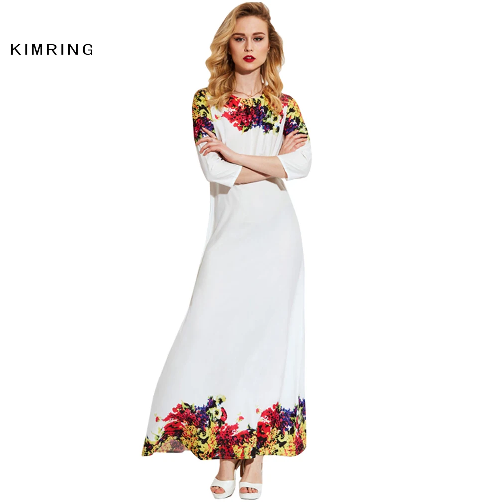 Kimring Fashion Women Summer Autumn White Dress Elegant Floral Print