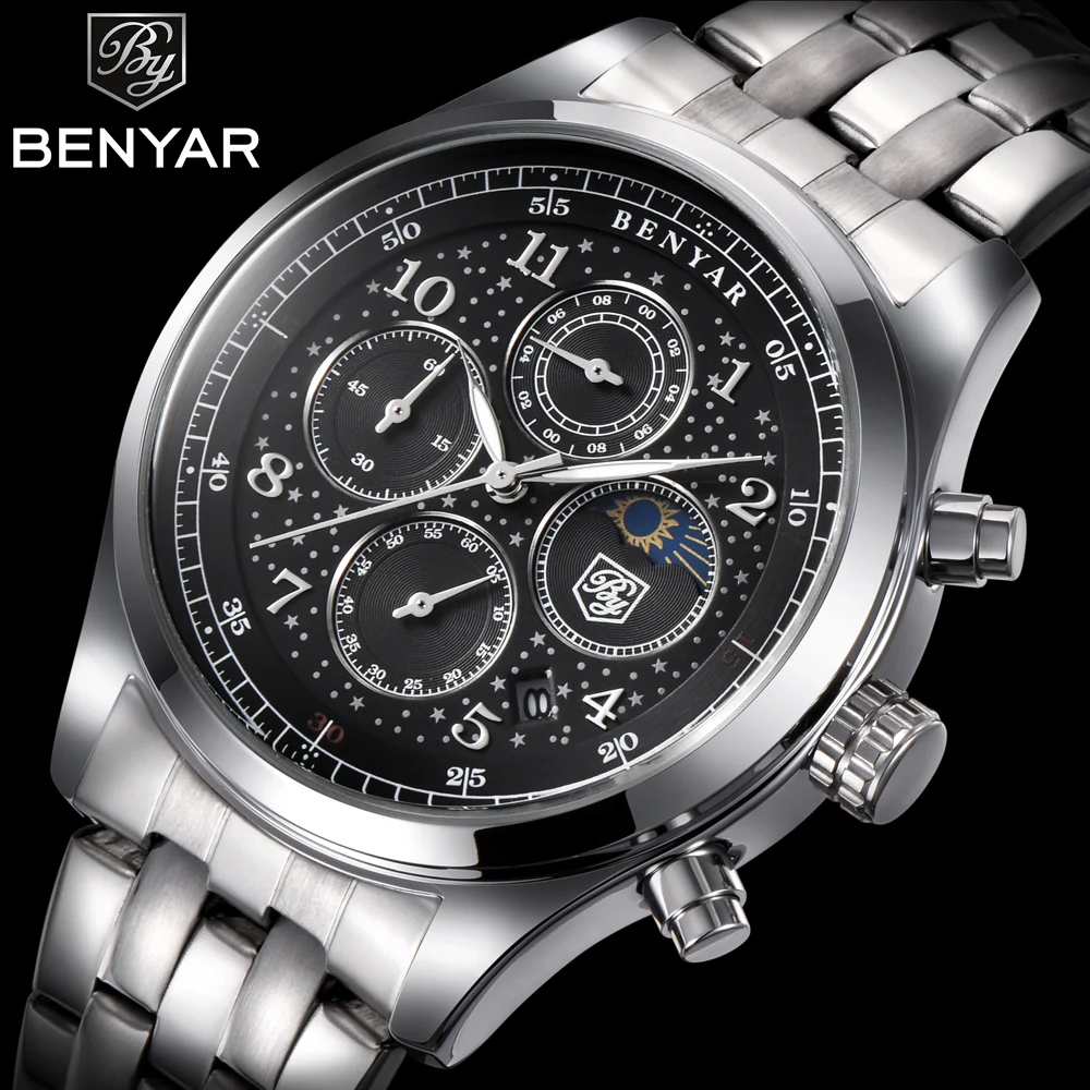 

BENYAR Top Mens Watches Luxury Moon Phase Full Steel Quartz Chronograph Watch Sports Military Waterproof Wrist Watch Hour Clock