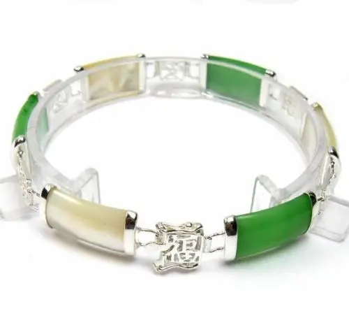 

wholesale good fast shipping> 7.5" NATURAL GREEN STONE & MOTHER OF PEARL 925 SILVER BRACELET W/ SYMBOL for women jewelry