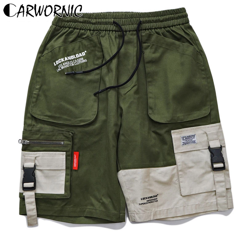 CARWORNIC штаны карго с множеством карманов шорты для мужчин боковой ремень пряжка молния Уличная Короткие Брюки повседневные мешковатые шорты для бега