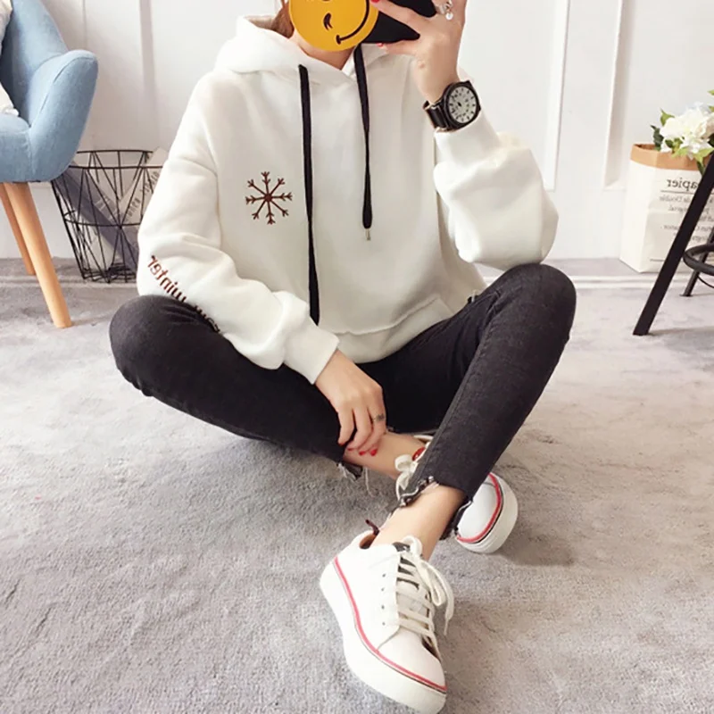 

harajuku cute hoodie women student oversized autumn Thicken hoodies Long Sleeve snowflake Print Antler Hoody Sweatshirt