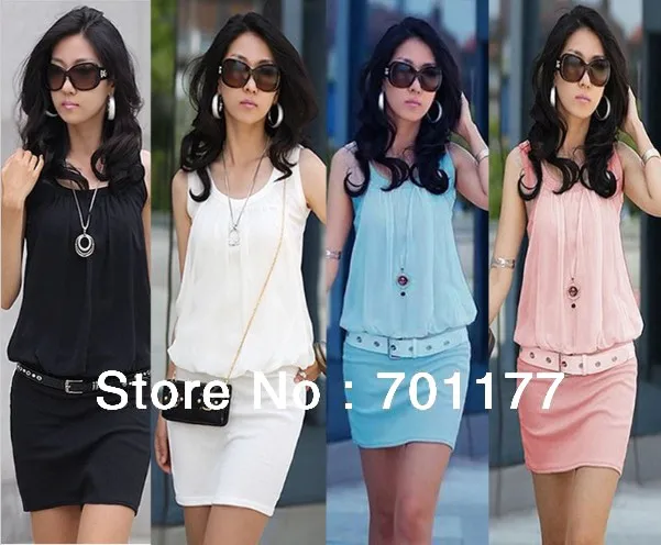 

Free Shipping New ! 2014 Summer Women's Mini Dress Crew Neck Chiffon Sleeveless Causal Tunic Sundress 4 colors size S-XL