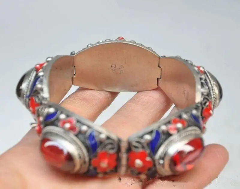 

fast shipping>7.88 inch/Chinese ancient palace in Tibet silver cloisonne inlaid ruby bracelet