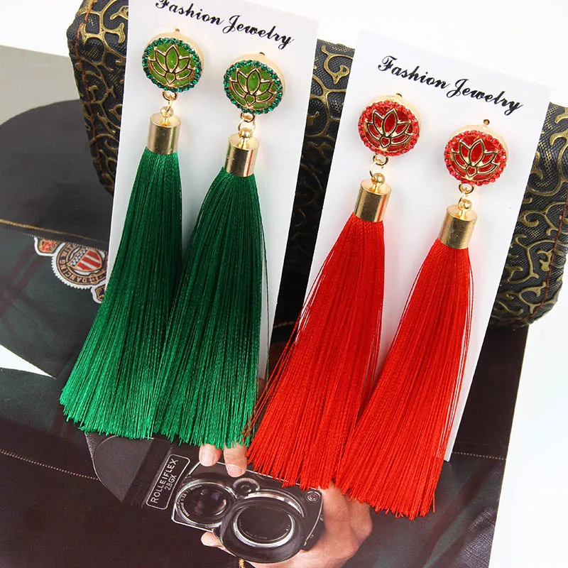 

Hot Sale Fashion Silk Fabric Long Tassel Earrings Bohemian Exaggerate Crystal Tassel Drop Earrings For Women Temperament Jewelry