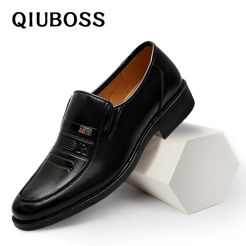 

Business Men formal leather shoes Classic Pointed Top Flat dress shoes Male Oxford Brand Qiuboss Black and Brown