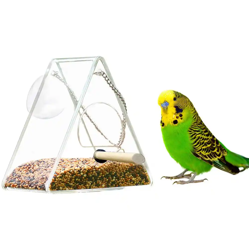 Acrylic Bird Food Box With Suction Cup Outdoor Triangular Hanging