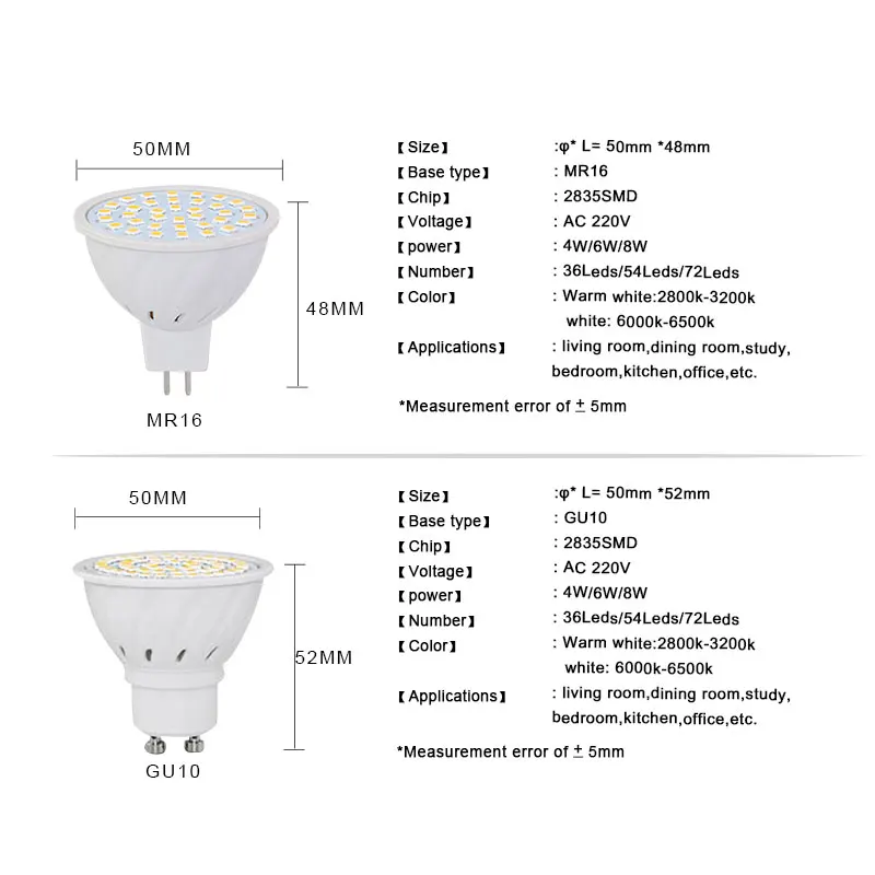 GU10 MR16 Светодиодный прожектор 2835SMD 4 Вт 6 8 COB 5 7 AC 220 В Светодиодная лампа