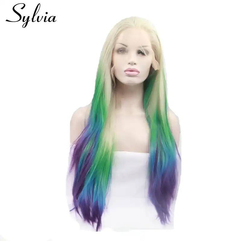Sylvia Blonde With Green Yellow Blue Purple Tips Ombre Silky