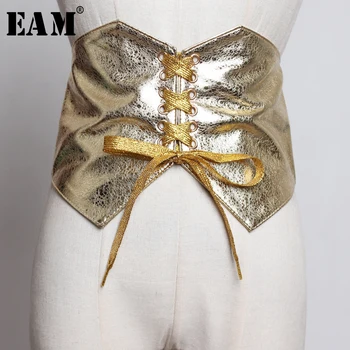 

[EAM] 2020 New Spring Summer Pu Leather Black Bandage Irregular Split Joint Personality Wide Belt Women Fashion All-match JU461