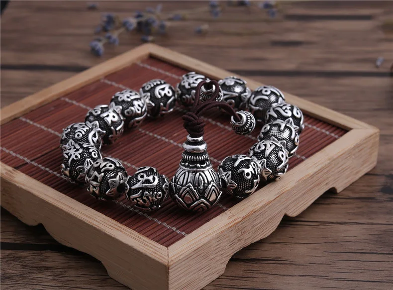 Браслет ручной работы из серебра 999 пробы, тибетская пословица мала, буддийский браслет оммани на запястье, браслет из тибетского мала, 38 г-115 г