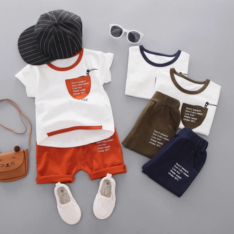Summer Casual Baby Boy Cotton Cartoon Letter Short Sleeve + Short Pant Kit Kids Two-piece Outfit Set Baby Boy Clothes 0-4Y