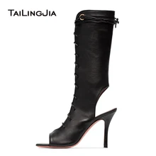 Ladies Peep Toe Open Toe Boots Fashion Mid Calf Boots Ankle Wrap Women Pumps Hollow Thin High Heels Boots Black Lace Up Shoes цена Ladies Peep Toe Open Toe Boots Fashion Mid Calf Boots Ankle Wrap Women Pumps Hollow Thin High Heels Boots Black Lace Up Shoes цены онлайн