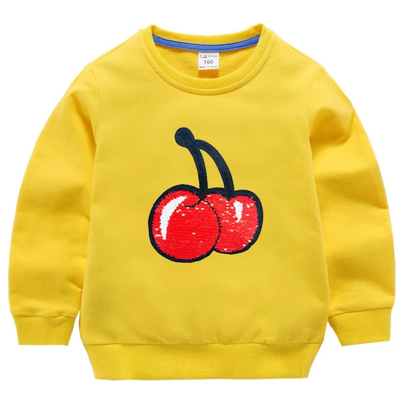 Детские толстовки с капюшоном для девочек; цвет вишни, клубники; двусторонние детские топы с блестками; осенне-зимняя детская футболка с длинными рукавами - Цвет: yellow
