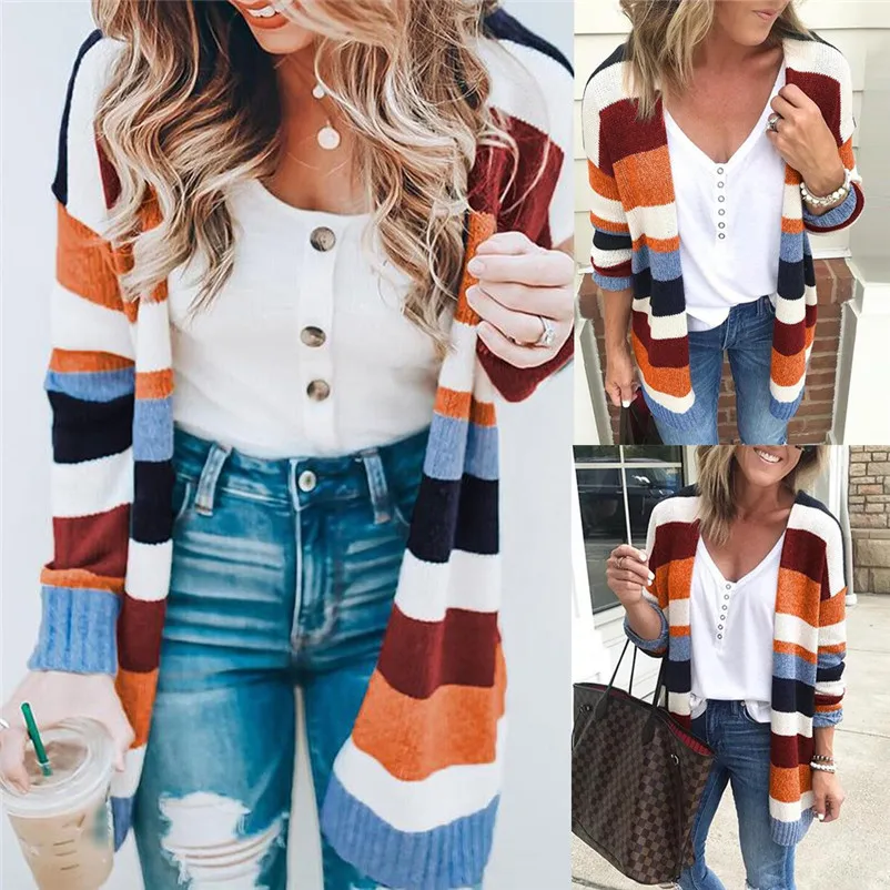 Fashion coats and jackets women winter ladies coats Winter Blouse Patchwork Rainbow Stripes Long Sleeve Cardigan Coat O24#N (4)