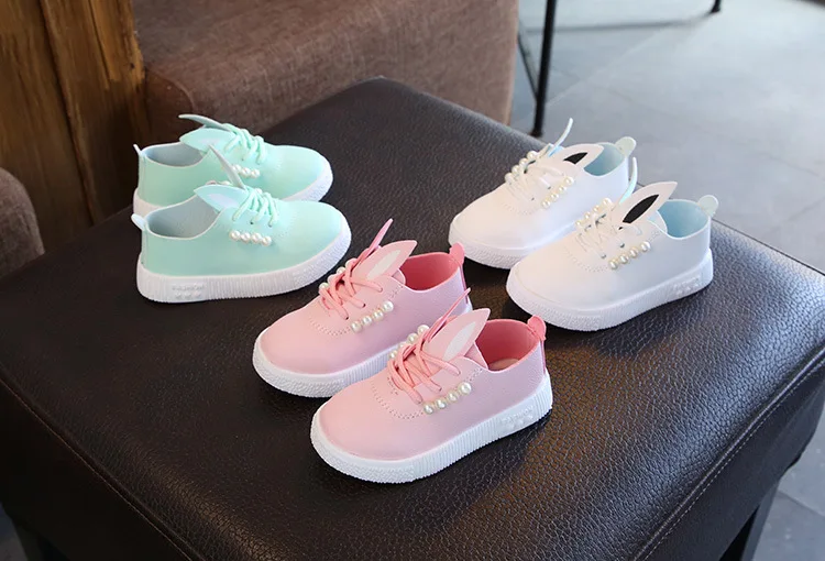 2019 г. весенне-Осенняя детская Обувь Розовая обувь для девочек с жемчужными кроличьими ушками однотонные резиновые повседневные кроссовки