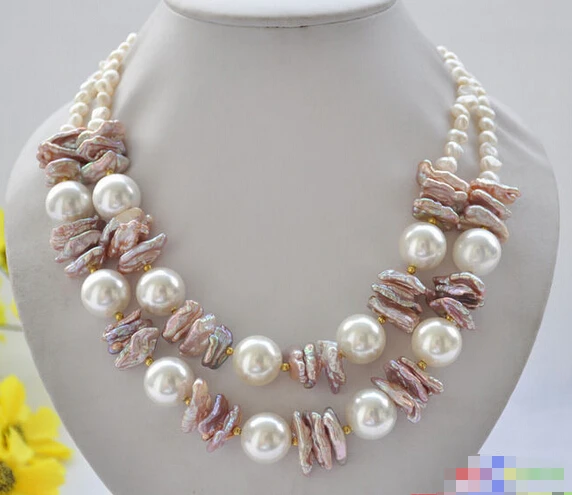 

Wholesale FREE SHIPPING >>>> P4946 2row 19" 16mm white shell pearl lavender biwa pearl necklace NECKLACE