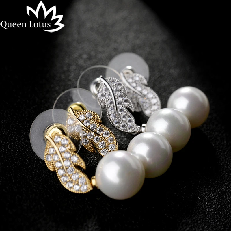 

Queen Lotus New fashion minimalist leaves pearl women earrings micro-studded zirconium silver needle ladies earrings girl gift