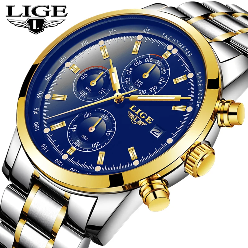 

LIGE Mens Watches Top Brand Luxury Full Steel Fashion Casual Quartz Watch Men's Waterproof Gold Sports Watches Relogio Masculino