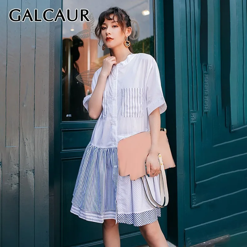 

GALCAUR Striped Patchwork Knee Length Dress For Women O Neck Half Sleeve Big Size Hit Color Shirt Dresses Female Fashion 2019