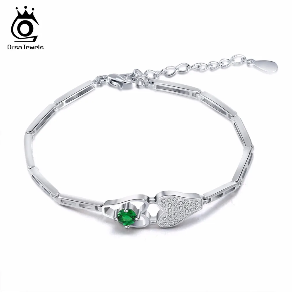 

ORSA JEWELS Women Bracelet & Bangle Romantic Style Double Hearts Shape Sparkling Jewelry Female Wedding Gift OB57
