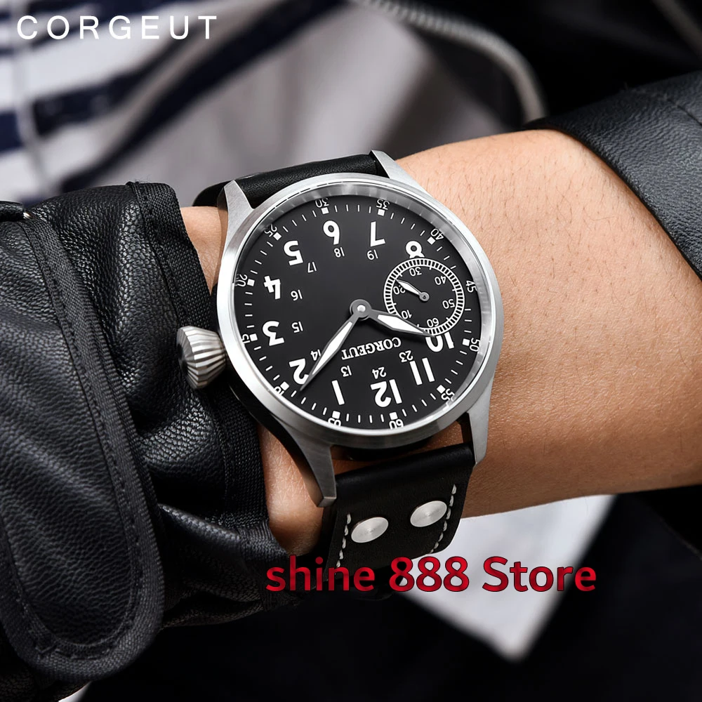 

43mm Corgeut black sterile dial luminous hands sapphire glass 6497 hand winding movement men's Watch