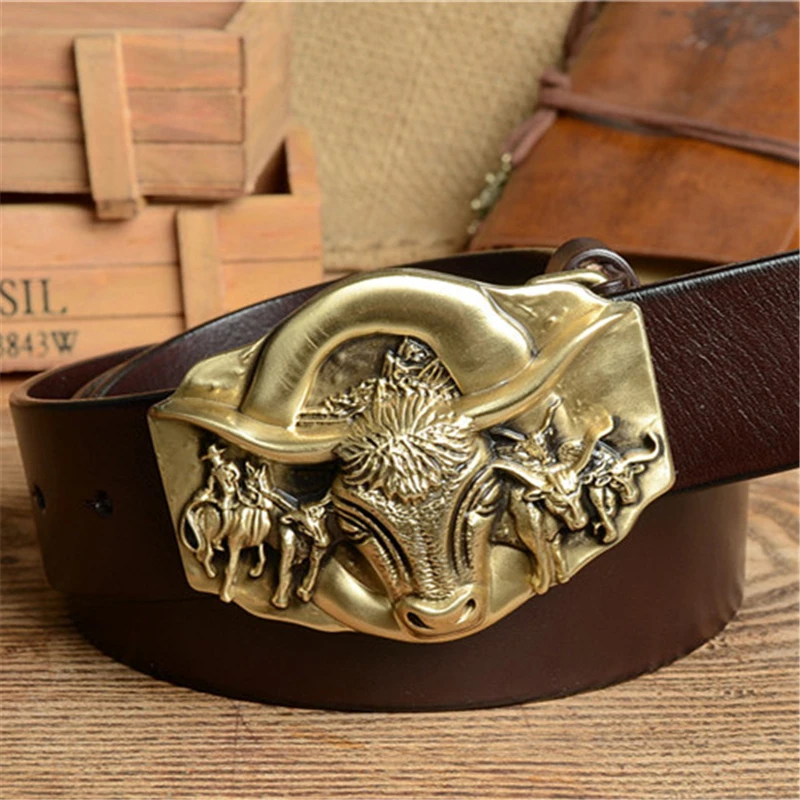 Cowboy Belt Brass Bull Buckle Mens Belts Luxury Genuine Leather Men Belt Vintage Ceinture Homme