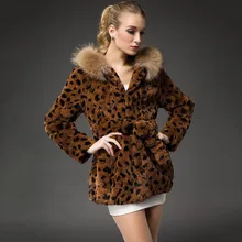 2016 women natural real rabbit fur coat with hoody raccoon fur trim middle long leopard black color slim belt for lady garment