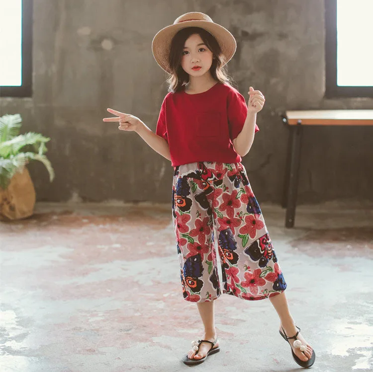 Summer 2019 Toddler Girl Clothes Kids 2 Pcs Solid T Shirt & Print Floral Knee Length Pants Teenage Girls Clothing Children's Set (13).jpg