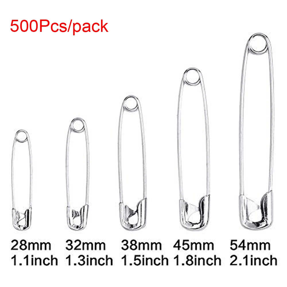 500 Pieces Safety Pins, Heavy Duty Metal Fastener Clothing Clips(28mm, 32mm, 38mm, 45mm, 54mm