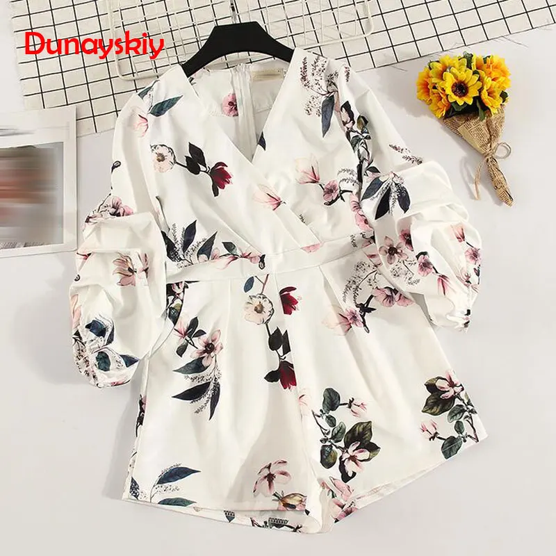 

Women's V Neck Lantern Sleeve Print Playsuits Lady's Vintage Spring Summer Wide Leg Shorts Imitation Satin Jumpsuits Floral 2XL
