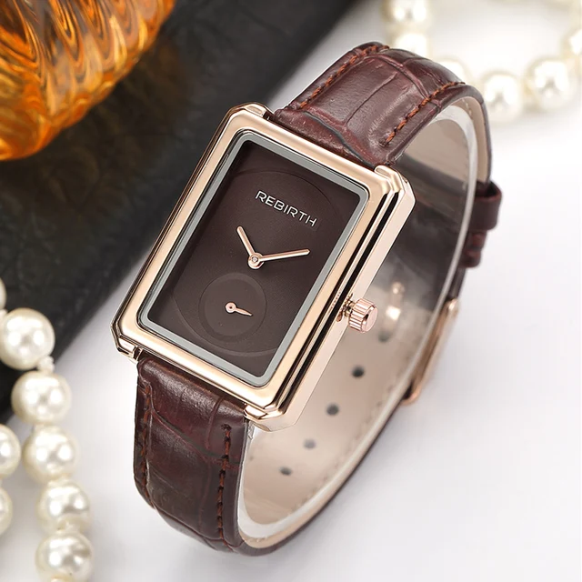 REBIRTH Brown Leather Square Quartz Watches Women Brand Luxury Casual Dress Wris REBIRTH Brown Leather Square Quartz Watches Women Brand Luxury Casual Dress Wris